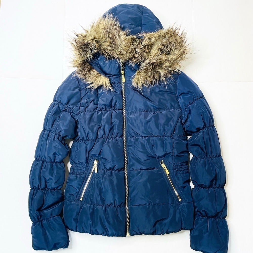 DIVIDED Navy Blue Faux Fur Trim Hooded Puffer Jacket Size 8